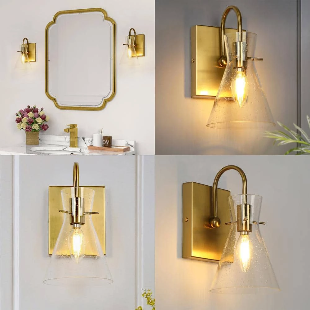 Modern Funnel Bedroom Wall Light(s) 1-Light Gold Bathroom Vanity Light Dome Wall Mount Sconce with Seeded Glass Shade by Uolfin - Image 4