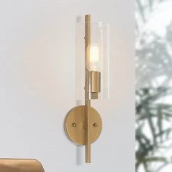Modern Cylinder Powder Room Wall Sconce, 1-Light Brass Gold Tube Bathroom Vanity Light with Seeded Glass Shade by Uolfin