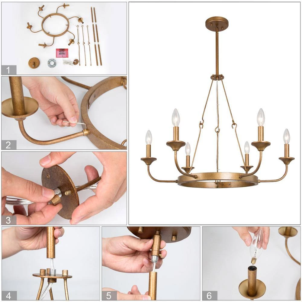 Gold Candlestick Chandelier, Rustic 6-Light Rust Gold Farmhouse Dining Room Chandelier with Candle Style by Uolfin - Image 3