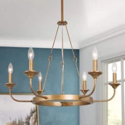 Gold Candlestick Chandelier, Rustic 6-Light Rust Gold Farmhouse Dining Room Chandelier with Candle Style by Uolfin