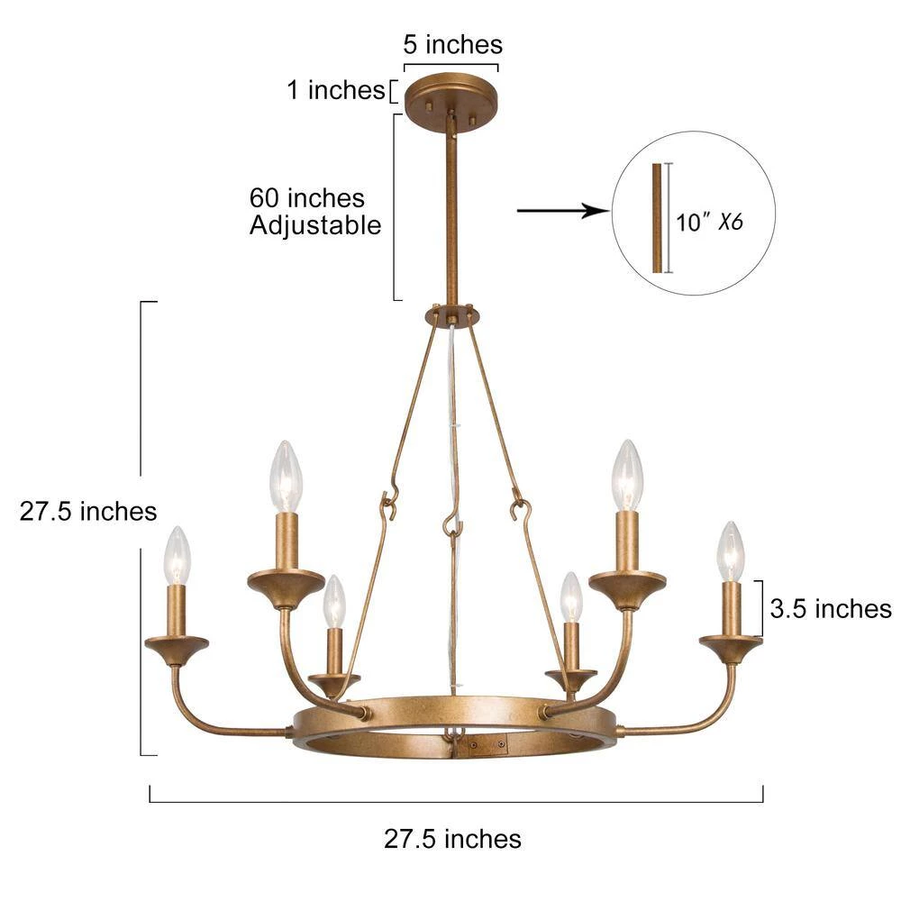 Gold Candlestick Chandelier, Rustic 6-Light Rust Gold Farmhouse Dining Room Chandelier with Candle Style by Uolfin - Image 2