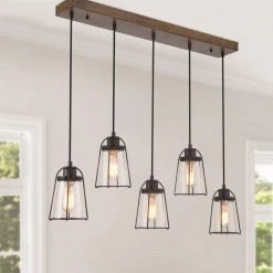 Modern Farmhouse Dining Room Chandelier Maya 5-Light Rustic Bronze Chandelier for Kitchen Island with Faux Wood Accent by Uolfin