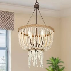 4-Light Farmhouse Rustic Brown Chandelier with White Wood Beads by Uolfin