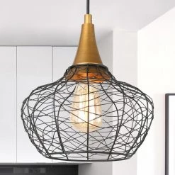 Modern Kitchen Pendant Lighting 1-Light Black & Brass Cage Pendant Lighting for Kitchen Island by Uolfin