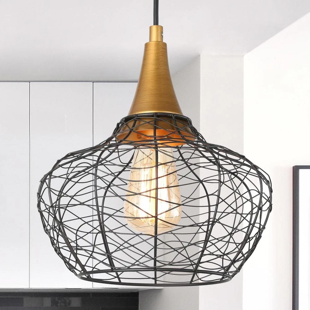Modern Kitchen Pendant Lighting 1-Light Black & Brass Cage Pendant Lighting for Kitchen Island by Uolfin