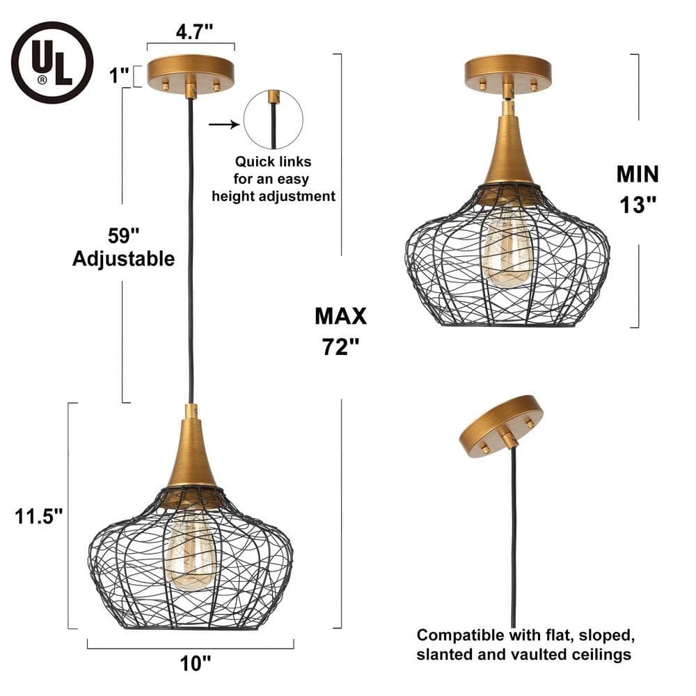 Modern Kitchen Pendant Lighting 1-Light Black & Brass Cage Pendant Lighting for Kitchen Island by Uolfin - Image 6