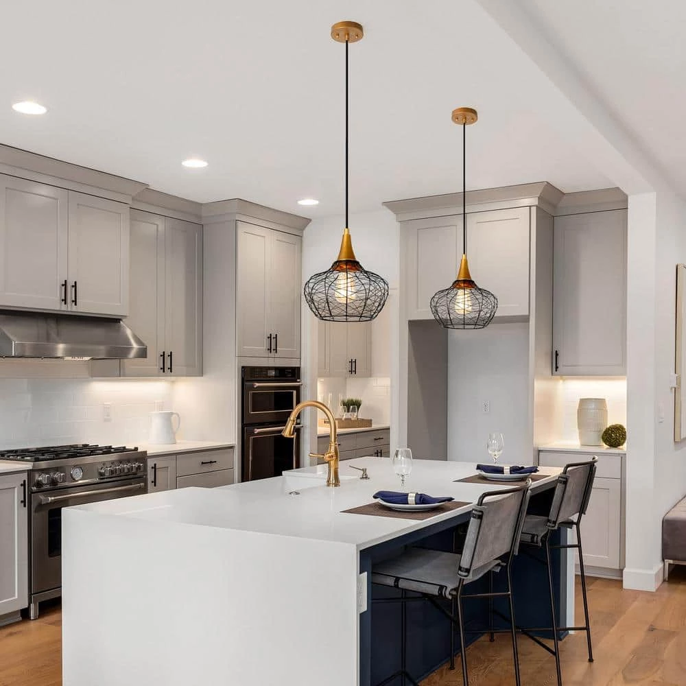 Modern Kitchen Pendant Lighting 1-Light Black & Brass Cage Pendant Lighting for Kitchen Island by Uolfin - Image 2