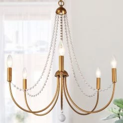 Modern Dining Room Chandelier Light 5-Light Brushed Gold Candlestick Chandelier with Weathered White Wood Beads by Uolfin
