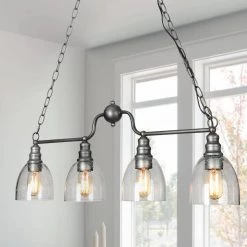 Modern Brushed Silver Island Chandelier, 32 in. Lik 4-Light Farmhouse Pendant Light with Seeded Glass Shade by Uolfin