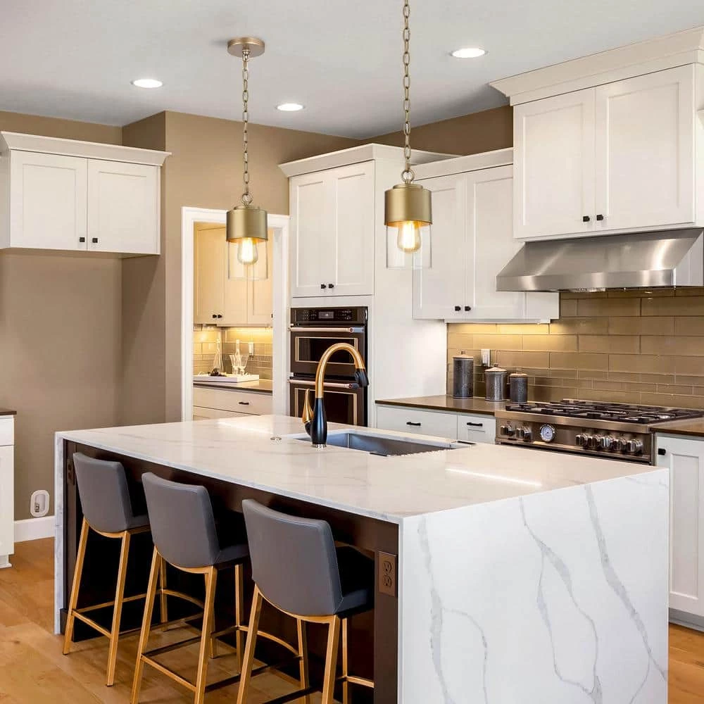 Modern Cylinder Pendant Light, Loe 1-Light Gold Kitchen Island Pendant Light with Clear Glass Shade by Uolfin - Image 3