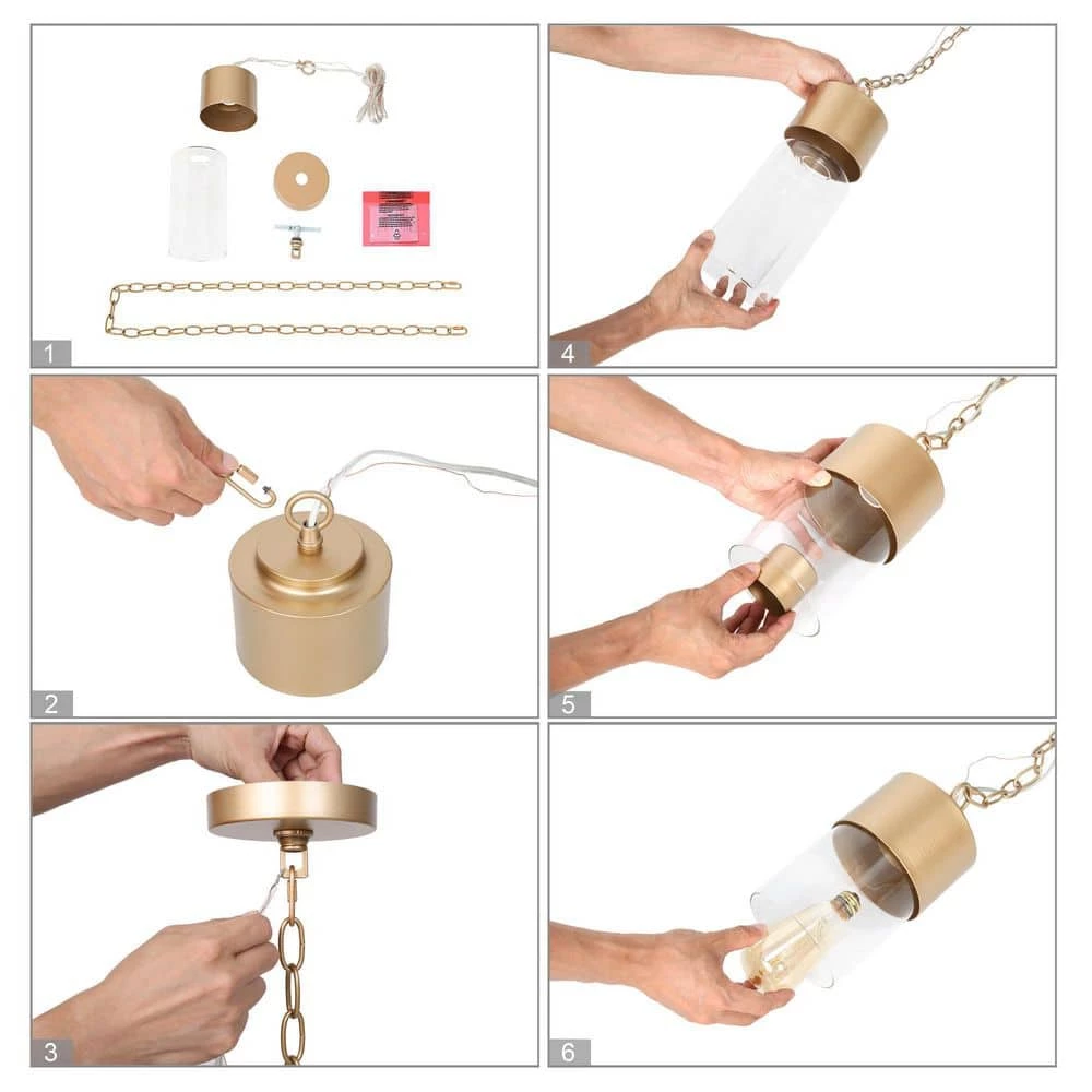 Modern Cylinder Pendant Light, Loe 1-Light Gold Kitchen Island Pendant Light with Clear Glass Shade by Uolfin - Image 7