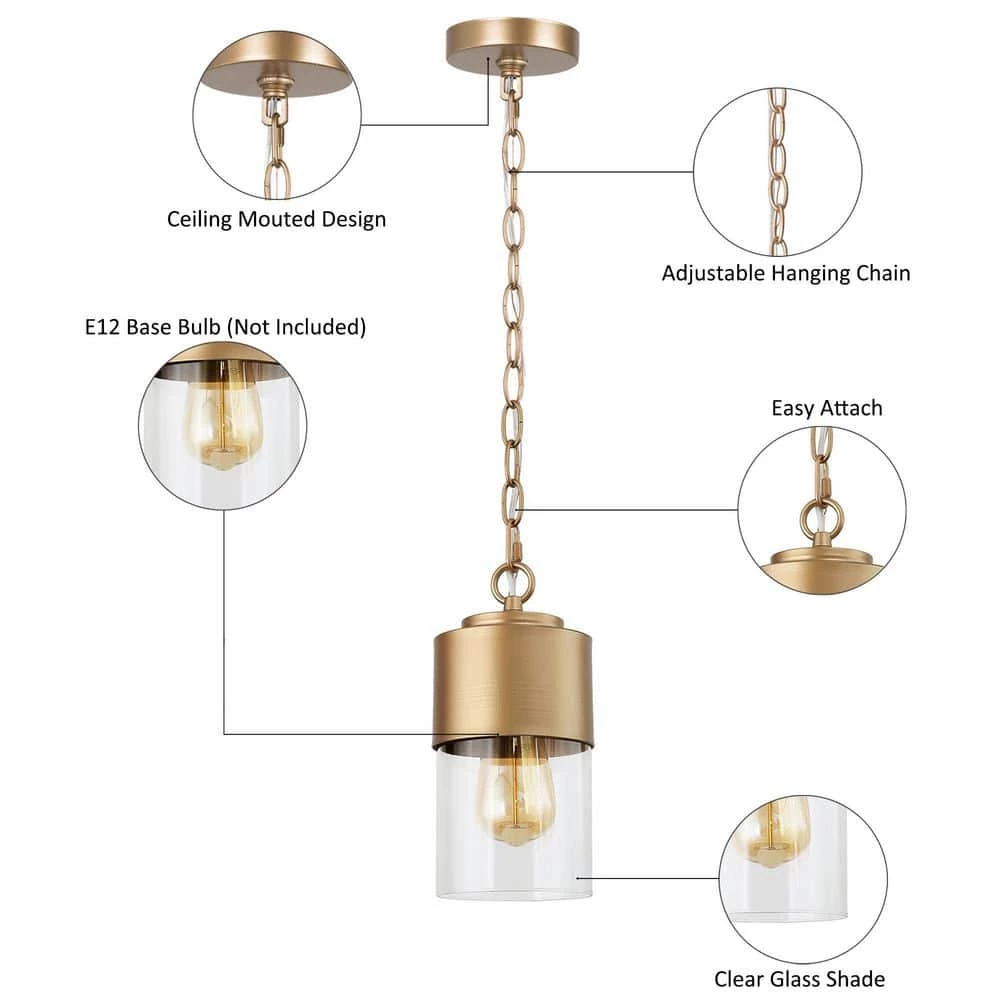 Modern Cylinder Pendant Light, Loe 1-Light Gold Kitchen Island Pendant Light with Clear Glass Shade by Uolfin - Image 6