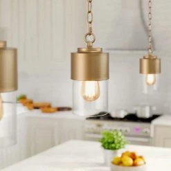 Modern Cylinder Pendant Light, Loe 1-Light Gold Kitchen Island Pendant Light with Clear Glass Shade by Uolfin