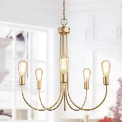 Modern Gold Island Chandelier, Iros 25 in. 5-Light Brass Classic Kitchen Large Pendant Light by Uolfin
