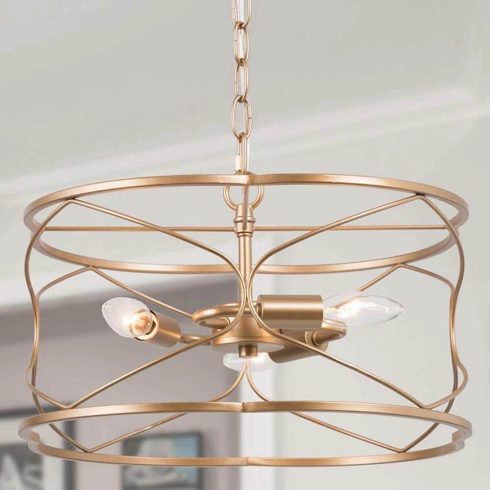 Modern Drum Chandelier Pendant Light 16 in. 3-Light Brass Gold Farmhouse Cage Chandelier for Kitchen Island by Uolfin