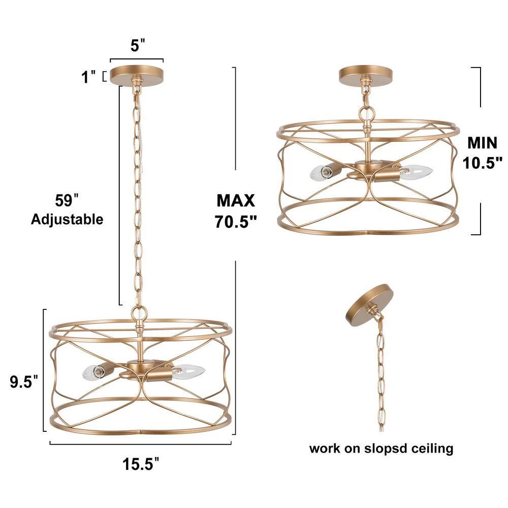 Modern Drum Chandelier Pendant Light 16 in. 3-Light Brass Gold Farmhouse Cage Chandelier for Kitchen Island by Uolfin - Image 4