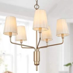 Modern Farmhouse Island Shaded Chandelier Light, 5-Light Gold Candlestick Bedroom Chandelier with Cone Fabric Shades by Uolfin