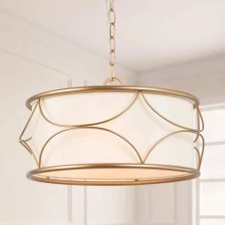 Brass Drum Cage Chandelier Imogen 3-Light Modern Farmhouse Gold Round Pendant Light with Fabric Shade by Uolfin