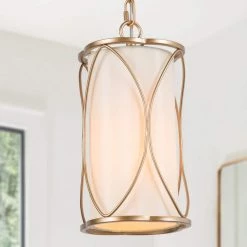Modern Drum Island Pendant Light Imogen 6.5 in. 1-Light Brass Gold Cage Chandelier Pendant Light with Fabric Shade by Uolfin