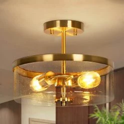 Modern Brass Gold Ceiling Light, 2-Light Round Semi-Flush Mount with Seeded Glass Shade by Uolfin