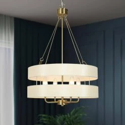 Modern Gold Drum Bedroom Chandelier, 4-Light Farmhouse Copper Gold Dining Room Chandelier with Fabric Shade by Uolfin