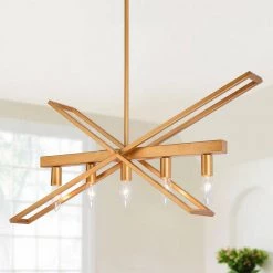 Geometric Gold Chandelier, Modern 5-Light Brushed Deep Gold Island Farmhouse Chandelier Ceiling Light with Candle Style by Uolfin