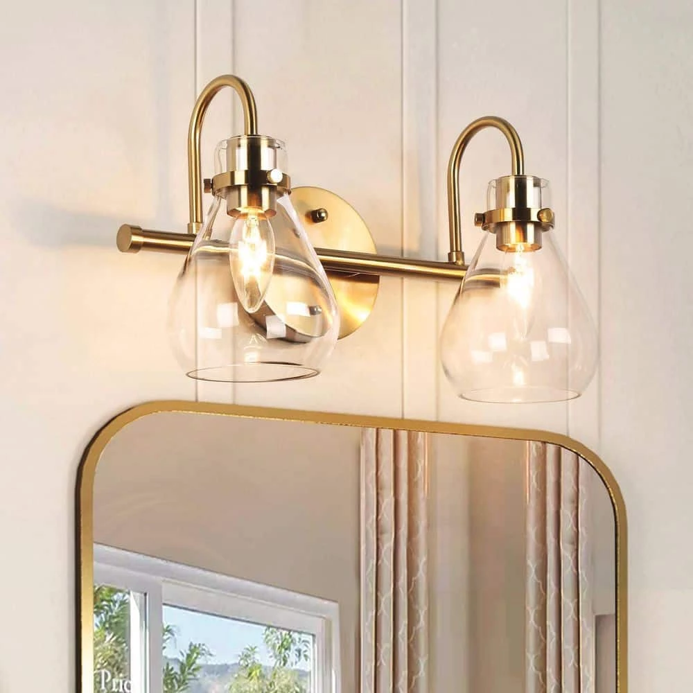 Modern Teardrop Bedroom Wall Sconce 2-Light Electroplated Brass Bell Bathroom Vanity Light with Clear Glass Shades by Uolfin
