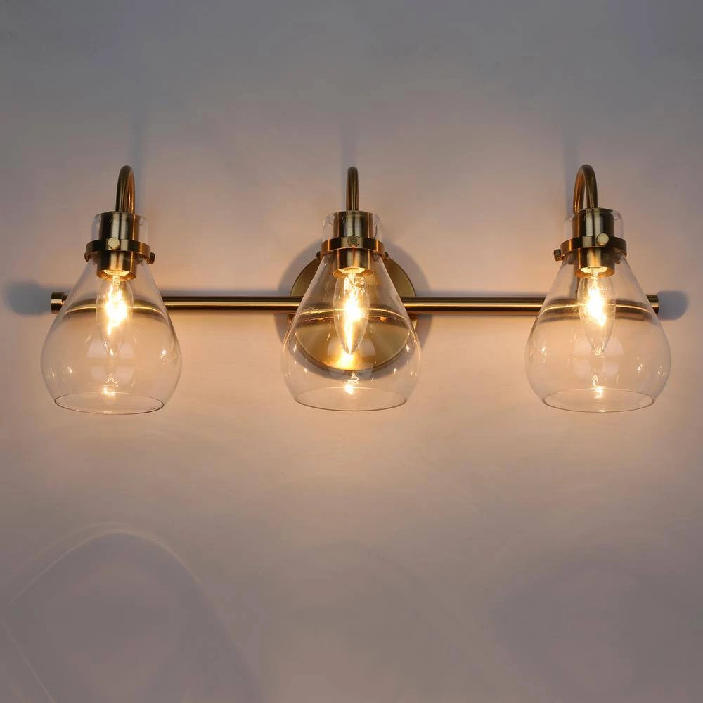 Modern Teardrop Bedroom Wall Light 3-Light Electroplated Brass Dome Bathroom Vanity Light with Clear Glass Shades by Uolfin - Image 6