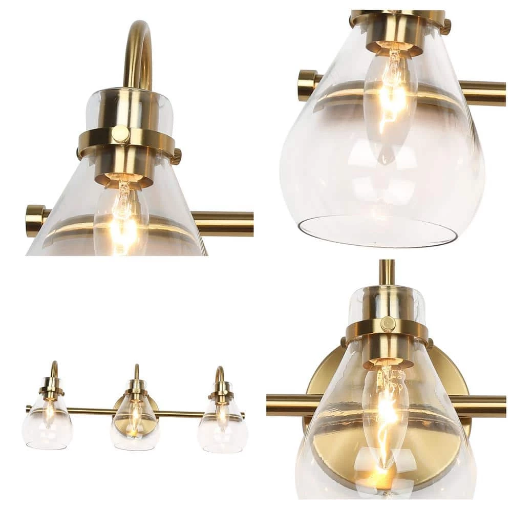Modern Teardrop Bedroom Wall Light 3-Light Electroplated Brass Dome Bathroom Vanity Light with Clear Glass Shades by Uolfin - Image 5