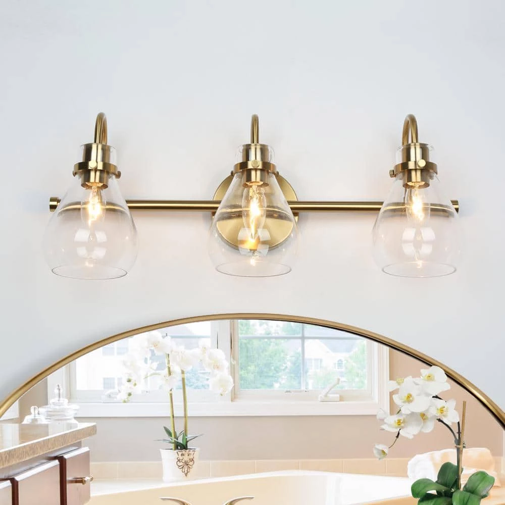 Modern Teardrop Bedroom Wall Light 3-Light Electroplated Brass Dome Bathroom Vanity Light with Clear Glass Shades by Uolfin