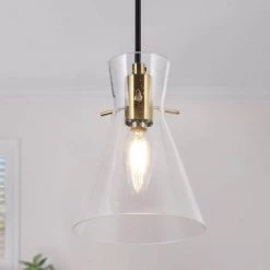 Modern Electroplated Brass Kitchen Island Pendant Light 1-Light Funnel Pendant Light with Seeded Glass Shade by Uolfin
