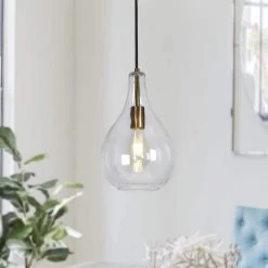 Modern Teardrop Kitchen Island Pendant Light 1-Light Electroplated Brass Circle Pendant Light with Clear Glass Shade by Uolfin