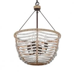 4-Light Farmhouse Rustic Brown Bowl Chandelier with Wood Beads by Uolfin