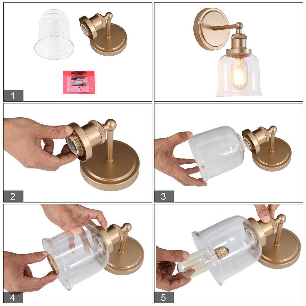 Modern Gold Bedroom Wall Lights 1-Light Bell Bathroom Vanity Lighting with Clear Glass Shade by Uolfin - Image 6