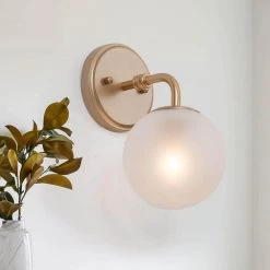 Modern Globe Gold Wall Sconce Lighting, 1-Light Bathroom Vanity Light with White Frosted White Shade by Uolfin