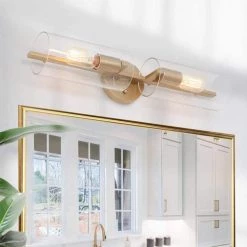 Modern Cylinder Bathroom Vanity Light 2-Light Brass Gold Linear Powder Room Wall Sconce Light with Seeded Glass Shade by Uolfin