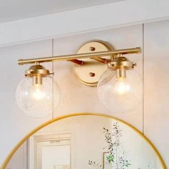 Modern Globe Bathroom Vanity Light 2-Light Gold Round Bedroom Wall Sconce Light with Seeded Glass Shades by Uolfin