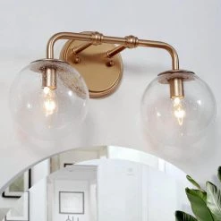 Modern Globe Bathroom Vanity Light 2-Light Brass Gold Round Powder Room Wall Sconce Light with Seeded Glass Shade by Uolfin