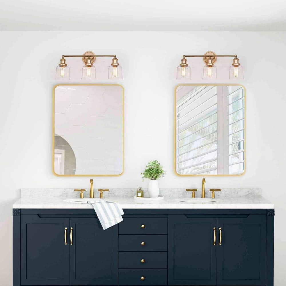 Modern Bell Bathroom Vanity Light Mila 3-Light Brass Gold Circle Powder Room Wall Sconce Light with Clear Glass Shades by Uolfin - Image 3