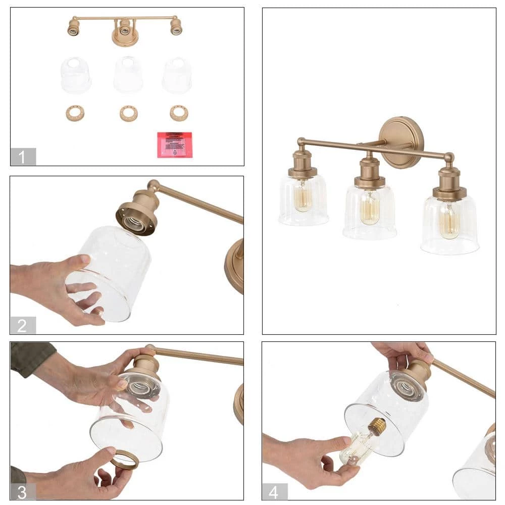 Modern Bell Bathroom Vanity Light Mila 3-Light Brass Gold Circle Powder Room Wall Sconce Light with Clear Glass Shades by Uolfin - Image 6