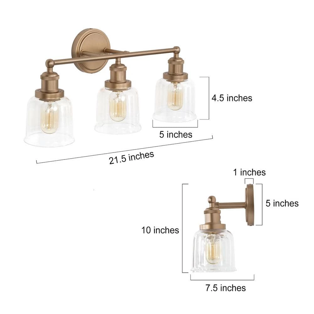 Modern Bell Bathroom Vanity Light Mila 3-Light Brass Gold Circle Powder Room Wall Sconce Light with Clear Glass Shades by Uolfin - Image 5