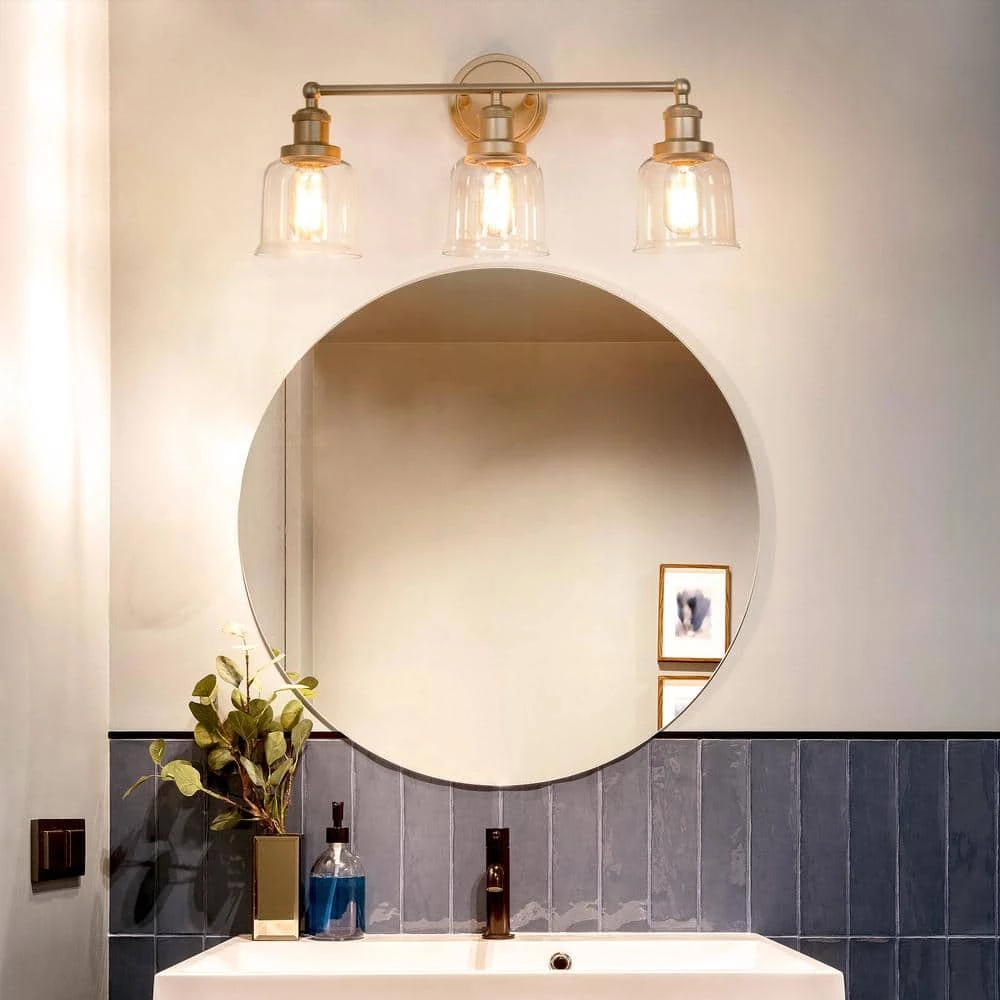Modern Bell Bathroom Vanity Light Mila 3-Light Brass Gold Circle Powder Room Wall Sconce Light with Clear Glass Shades by Uolfin - Image 2