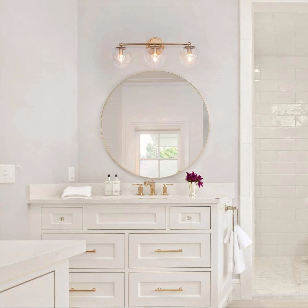 Modern Globe Bathroom Vanity Light Naomi 3-Light Brass Gold Round Powder Room Wall Sconce Light with Clear Glass Shades by Uolfin - Image 3