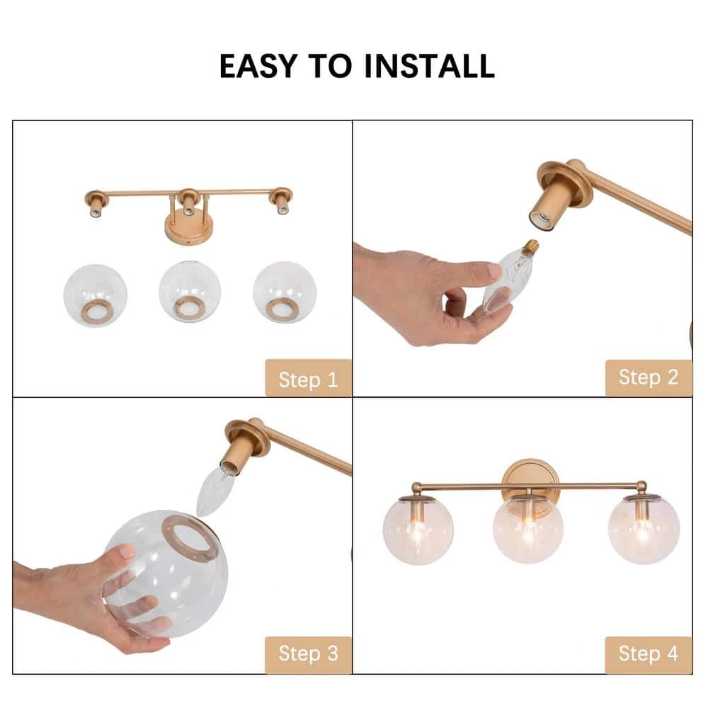 Modern Globe Bathroom Vanity Light Naomi 3-Light Brass Gold Round Powder Room Wall Sconce Light with Clear Glass Shades by Uolfin - Image 6