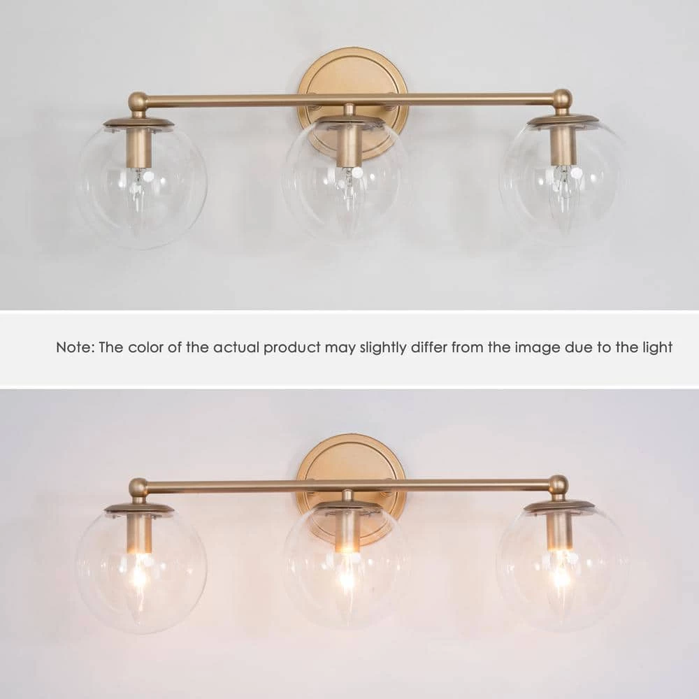 Modern Globe Bathroom Vanity Light Naomi 3-Light Brass Gold Round Powder Room Wall Sconce Light with Clear Glass Shades by Uolfin - Image 7
