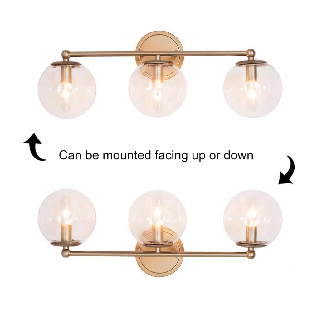 Modern Globe Bathroom Vanity Light Naomi 3-Light Brass Gold Round Powder Room Wall Sconce Light with Clear Glass Shades by Uolfin - Image 5