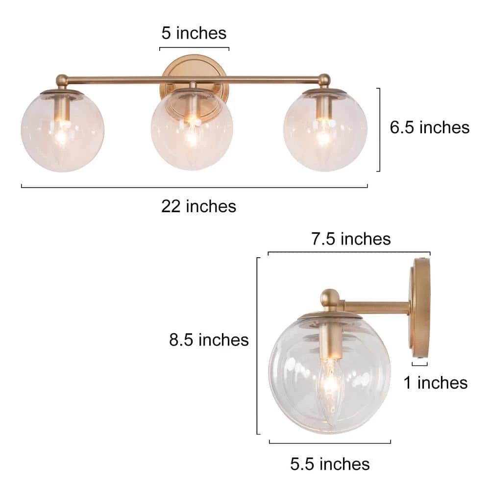 Modern Globe Bathroom Vanity Light Naomi 3-Light Brass Gold Round Powder Room Wall Sconce Light with Clear Glass Shades by Uolfin - Image 4