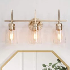 Farmhouse Gold Bathroom Vanity Light, Dule 3-Light Modern Bell Brass Vanity Light Bar with Clear Glass Shades by Uolfin