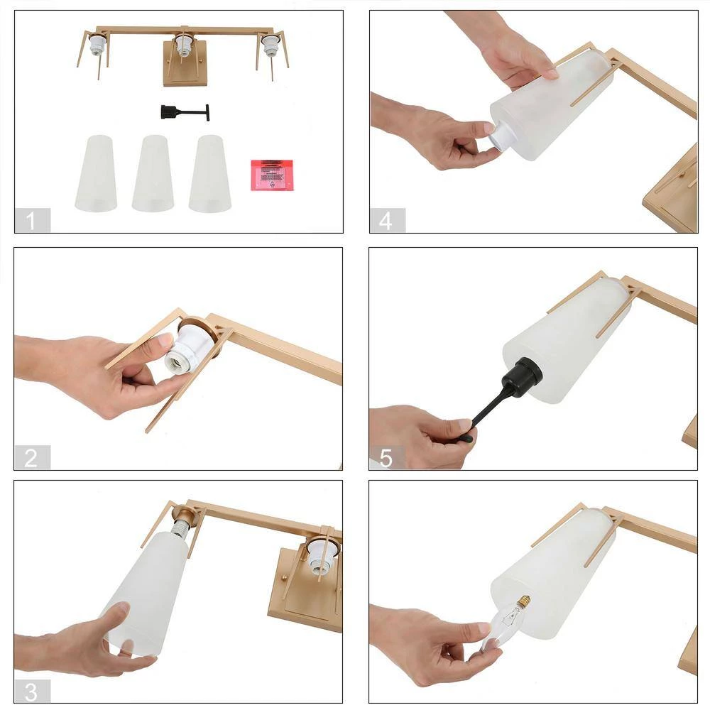 22 in. Modern Farmhouse Gold Bathroom Vanity Light, 3-Light Wall Sconces Lighting with Bell Frosted Glass Shades by Uolfin - Image 6