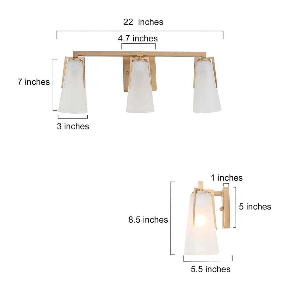 22 in. Modern Farmhouse Gold Bathroom Vanity Light, 3-Light Wall Sconces Lighting with Bell Frosted Glass Shades by Uolfin - Image 4